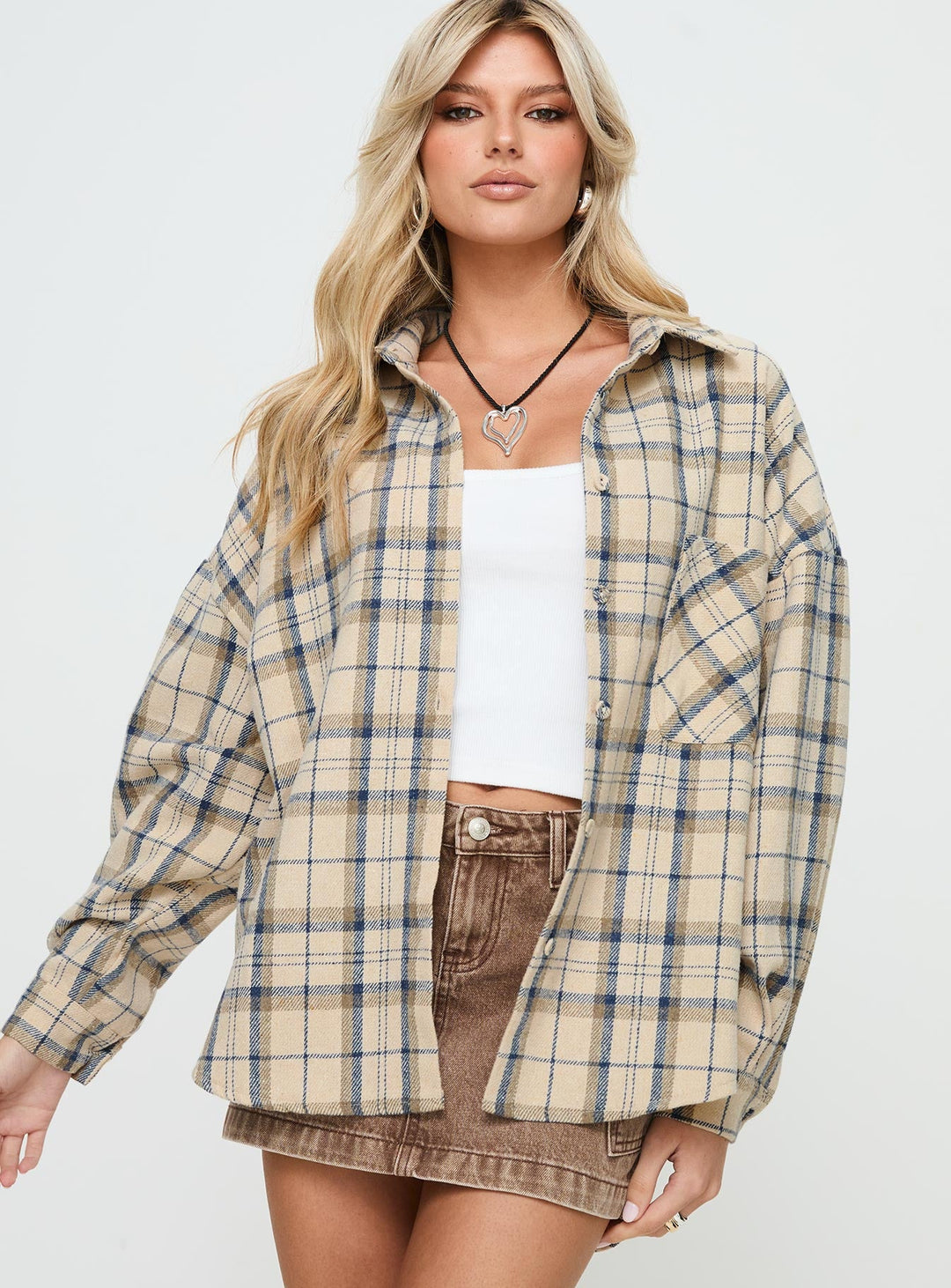Leylan Oversized-Shacket mit Karomuster, Cremefarben