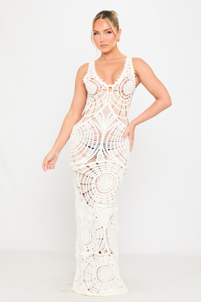 Cream Crochet Knit Cut Out Maxi Dress
