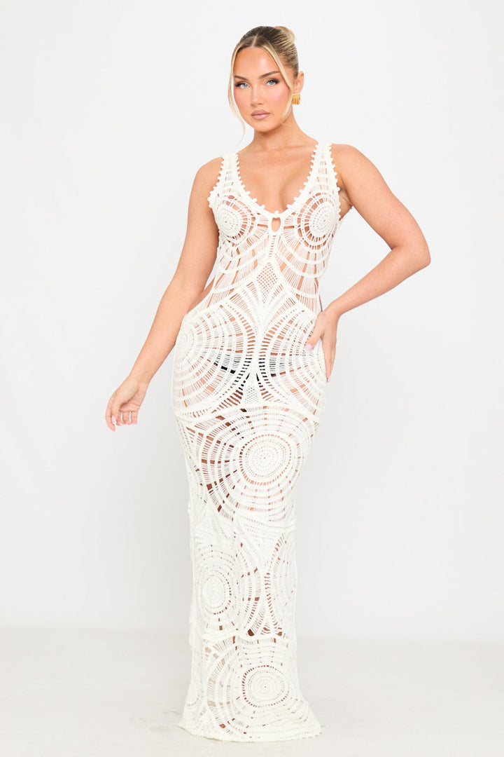 Cream Crochet Knit Cut Out Maxi Dress