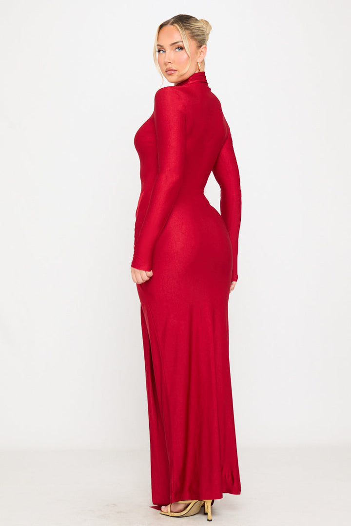 Rotes, anschmiegsames Jersey-Sarong-Maxikleid mit Rollkragen