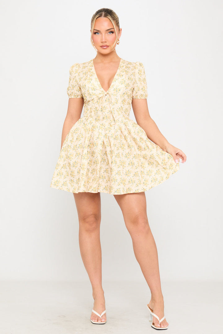 Yellow Floral Print Pleated Milkmaid Mini Dress