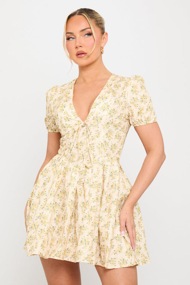 Yellow Floral Print Pleated Milkmaid Mini Dress