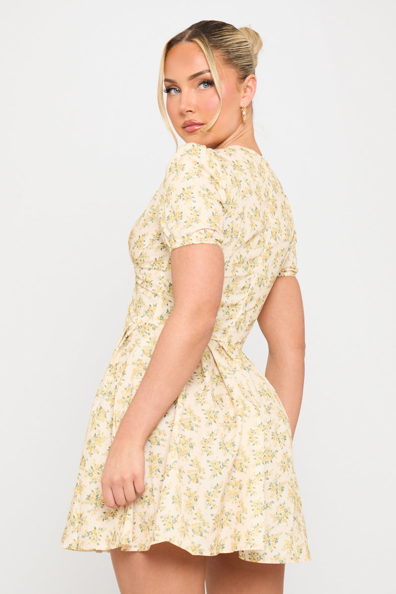 Yellow Floral Print Pleated Milkmaid Mini Dress
