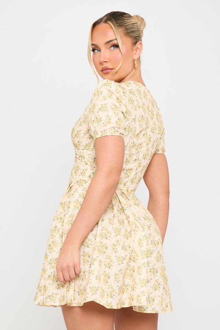 Yellow Floral Print Pleated Milkmaid Mini Dress