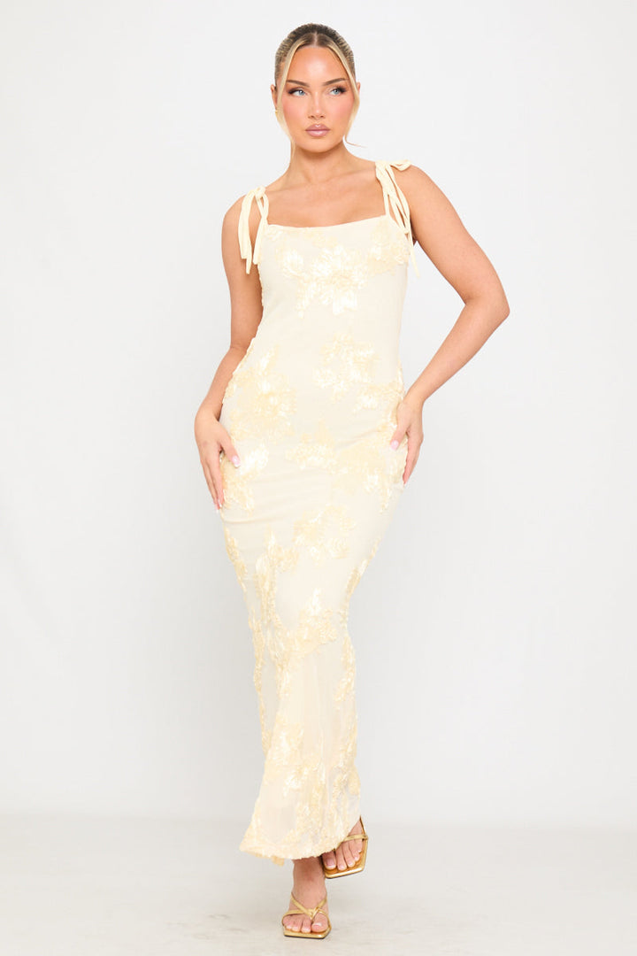 Cream Floral Embroidered Shoulder Tie Maxi Dress