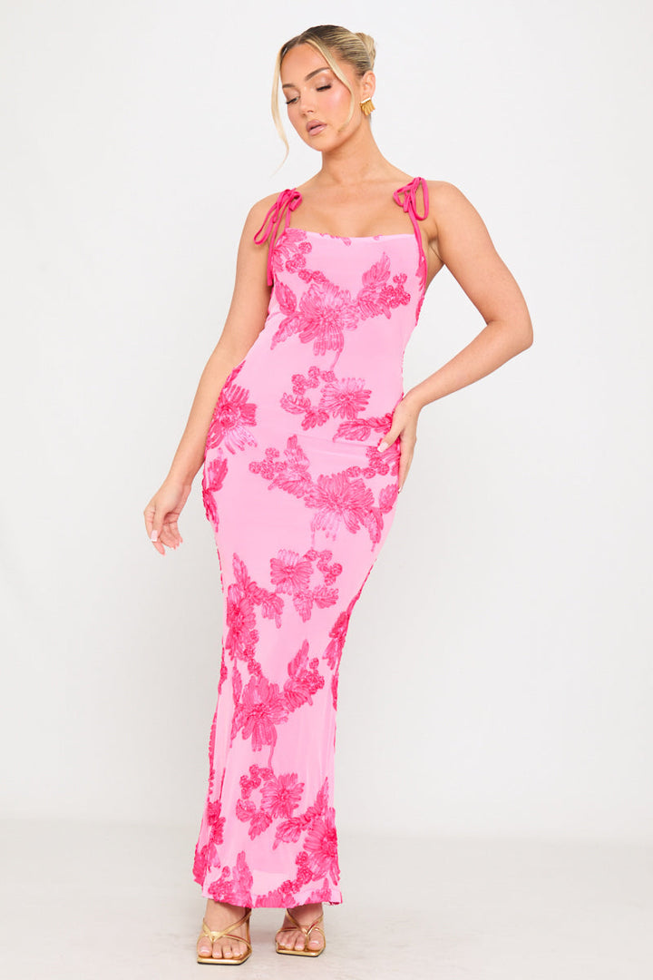 Pink Floral Embroidered Shoulder Tie Maxi Dress