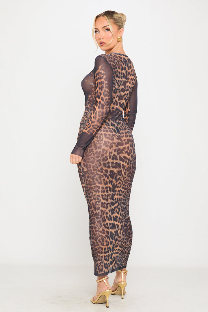 Leopard Print Sheer Long Sleeve Maxi Dress