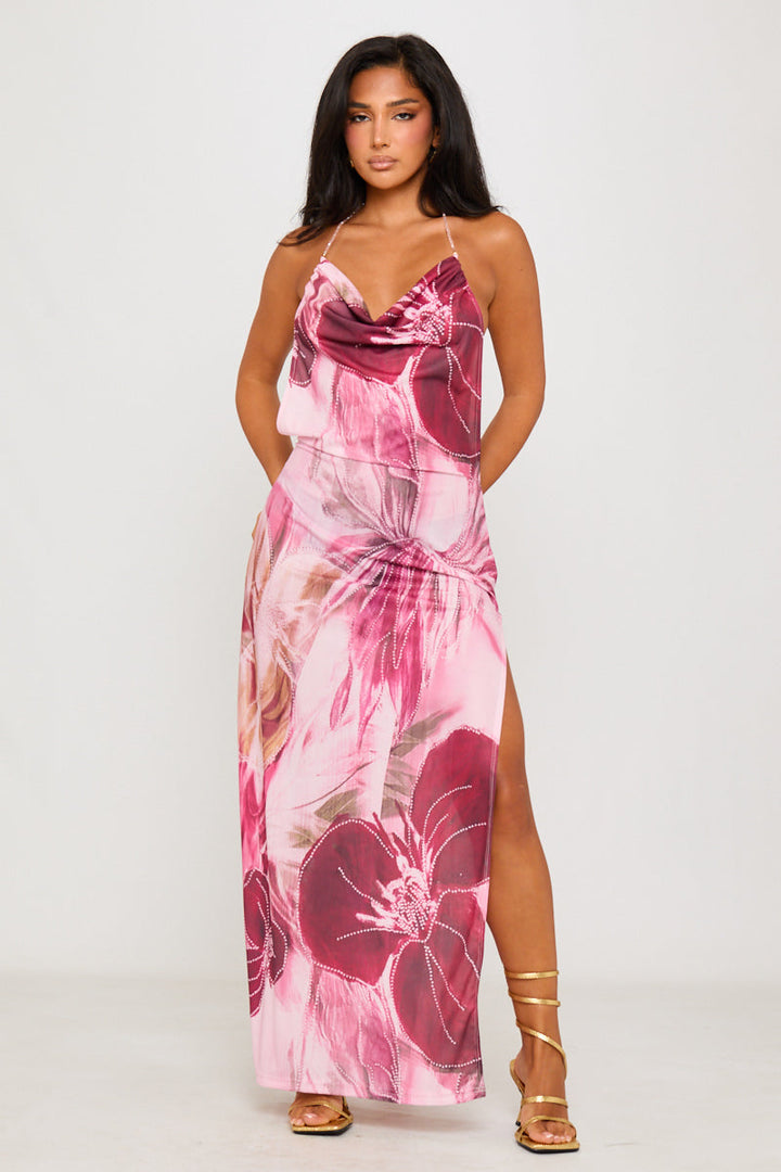 Rosa rückenfreies Chiffon-Maxikleid mit Blumenmuster und Perlen