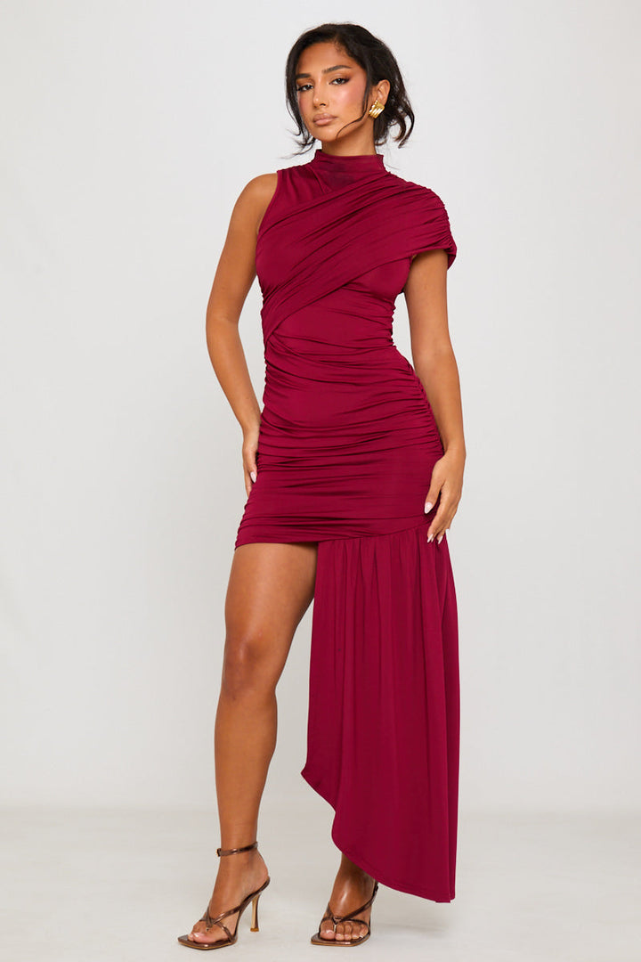 Burgunderrotes, hochgeschlossenes, gerüschtes, drapiertes Minikleid