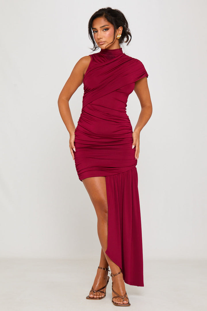 Burgunderrotes, hochgeschlossenes, gerüschtes, drapiertes Minikleid