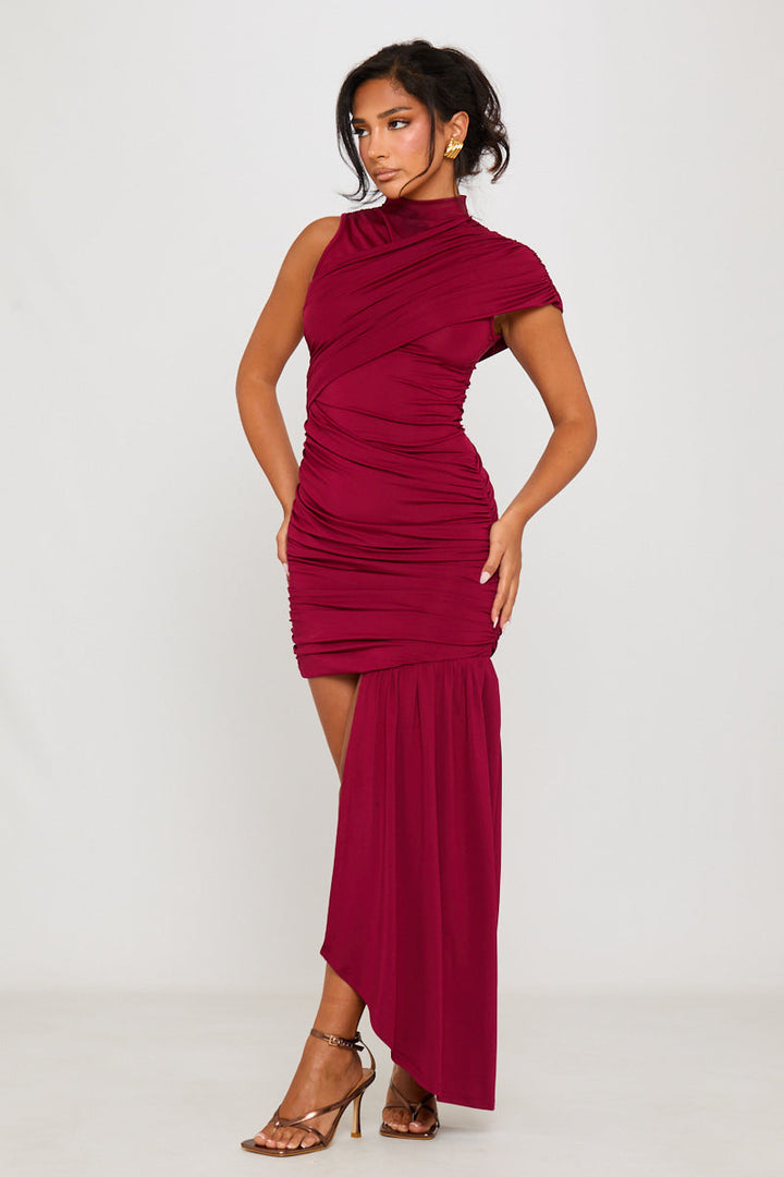Burgunderrotes, hochgeschlossenes, gerüschtes, drapiertes Minikleid