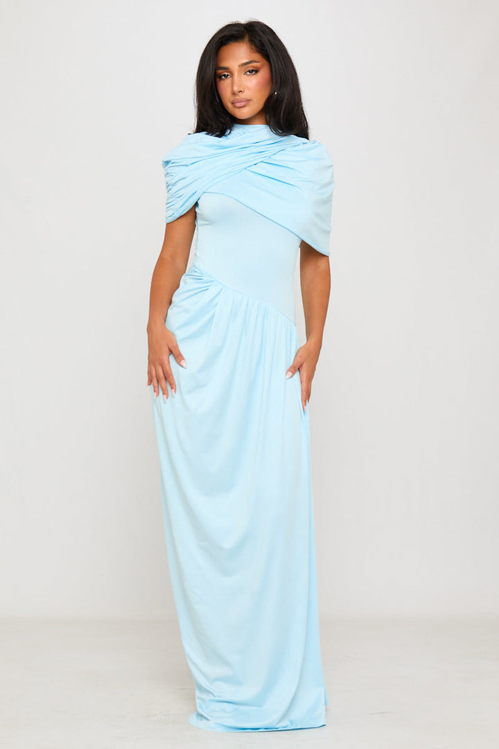 Babyblaues, drapiertes, asymmetrisches, plissiertes Maxikleid