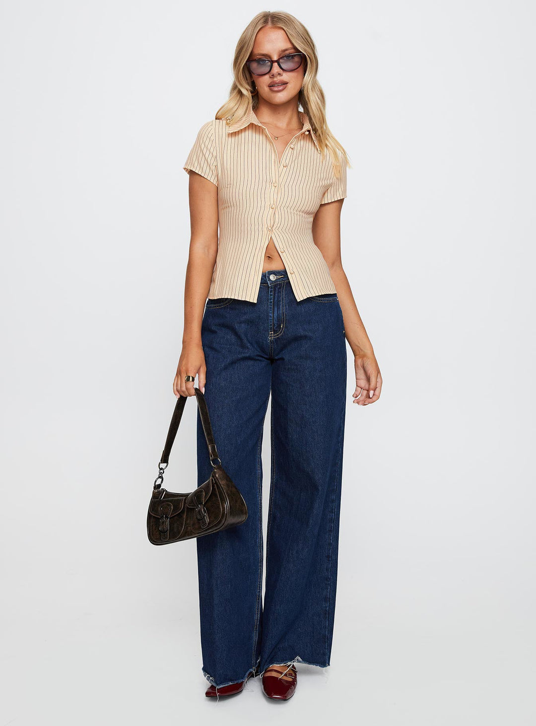 Lift Off Button Up Top Creme / Marineblau gestreift