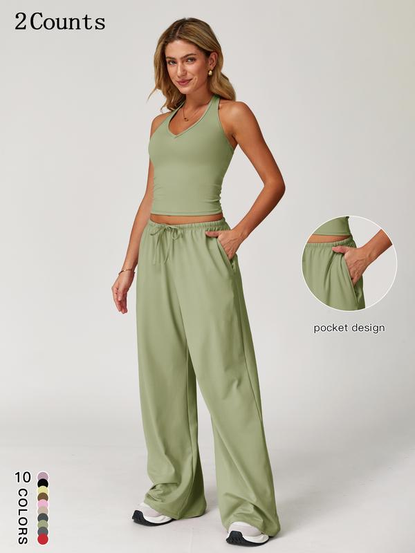 Women's 2-Piece Set – Halter Top &amp; Wide Leg Trousers with Pockets