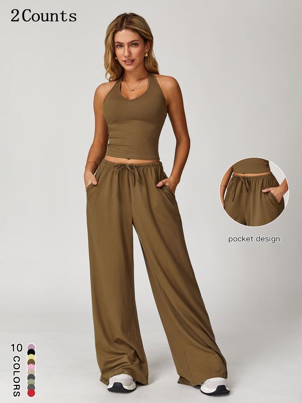 Women's 2-Piece Set – Halter Top &amp; Wide Leg Trousers with Pockets