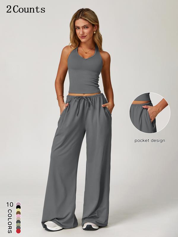 Women's 2-Piece Set – Halter Top &amp; Wide Leg Trousers with Pockets