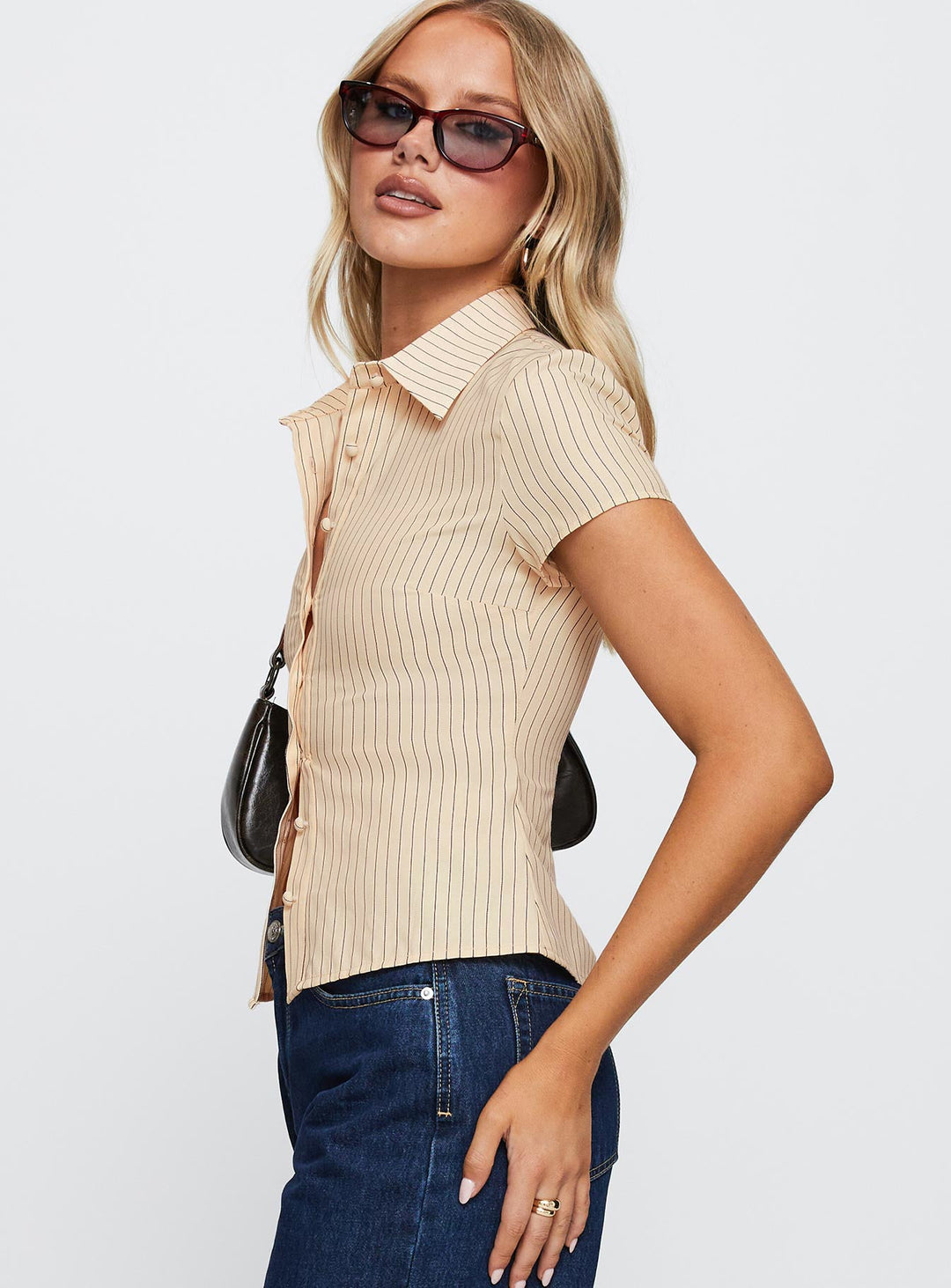 Lift Off Button Up Top Creme / Marineblau gestreift