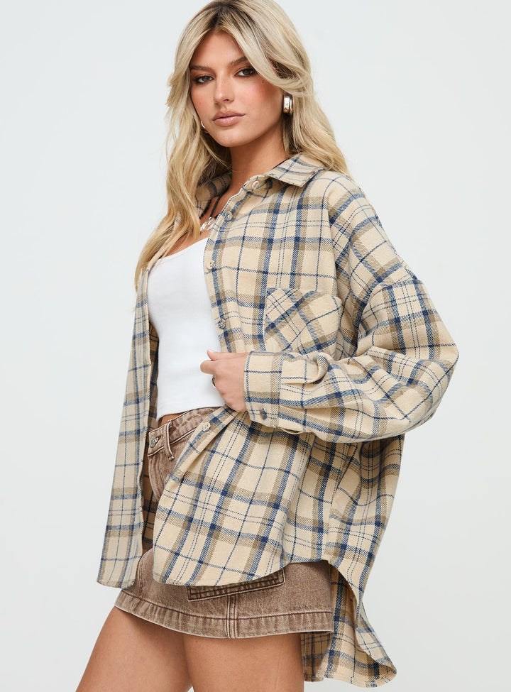 Leylan Oversized-Shacket mit Karomuster, Cremefarben