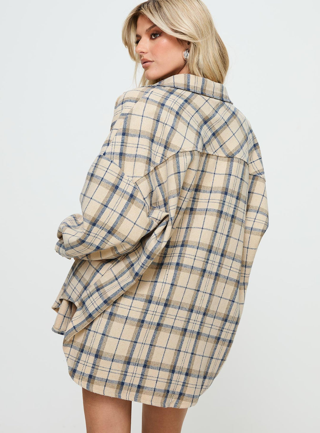 Leylan Oversized-Shacket mit Karomuster, Cremefarben