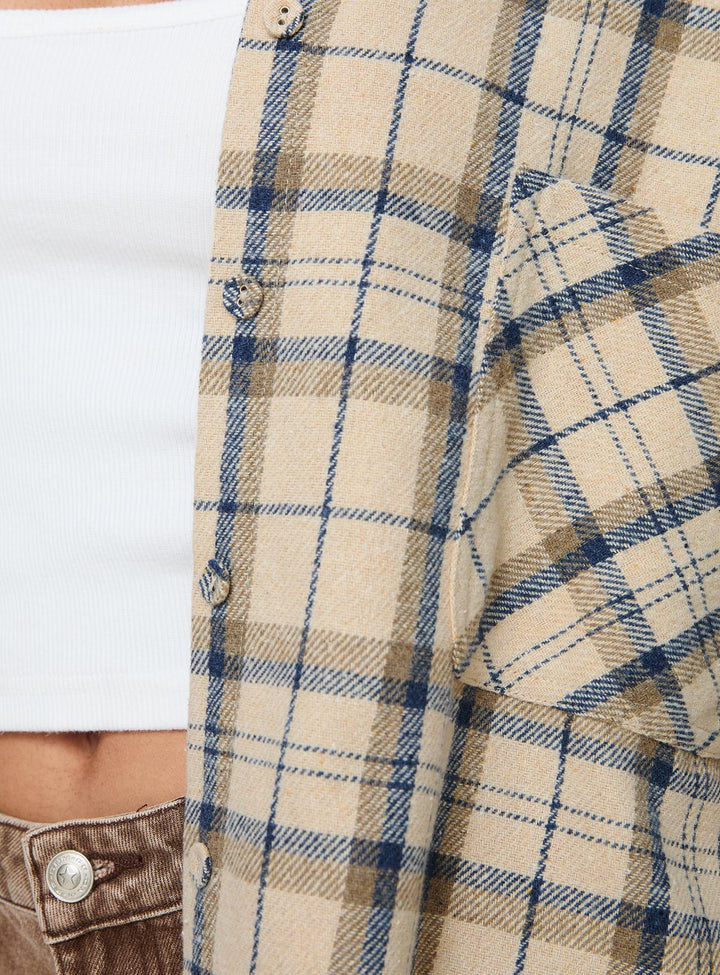 Leylan Oversized-Shacket mit Karomuster, Cremefarben
