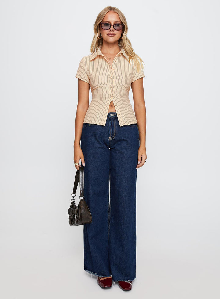 Lift Off Button Up Top Creme / Marineblau gestreift