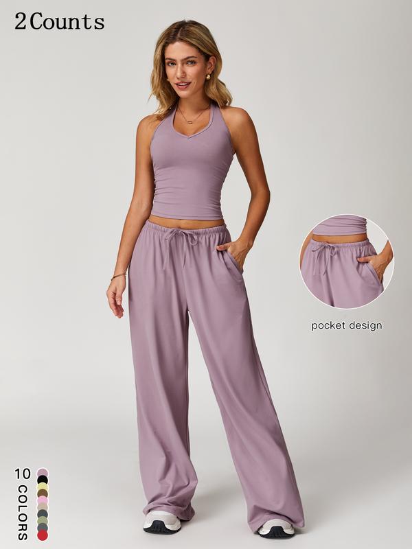 Women's 2-Piece Set – Halter Top &amp; Wide Leg Trousers with Pockets