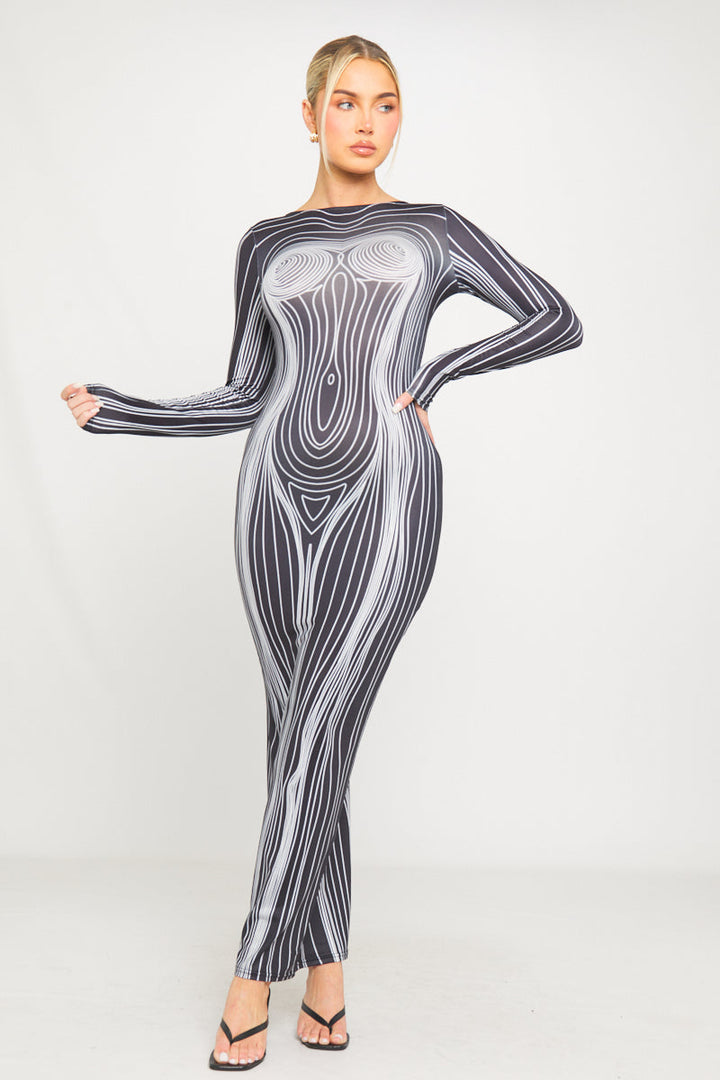 White Body Map Print Open Back Bodycon Maxi Dress