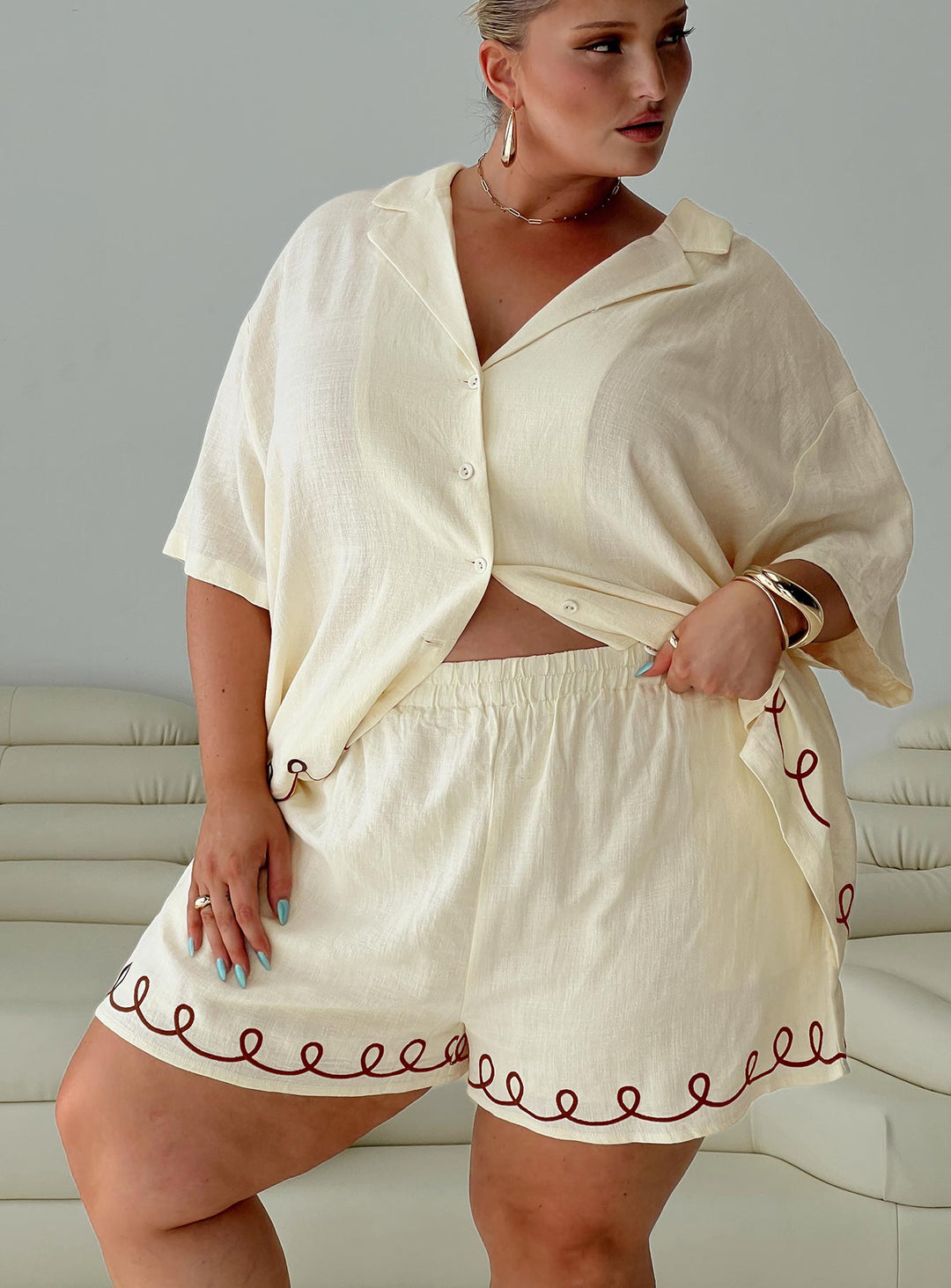 Jamari Leinen-Mix-Hemd Creme / Braun Curve
