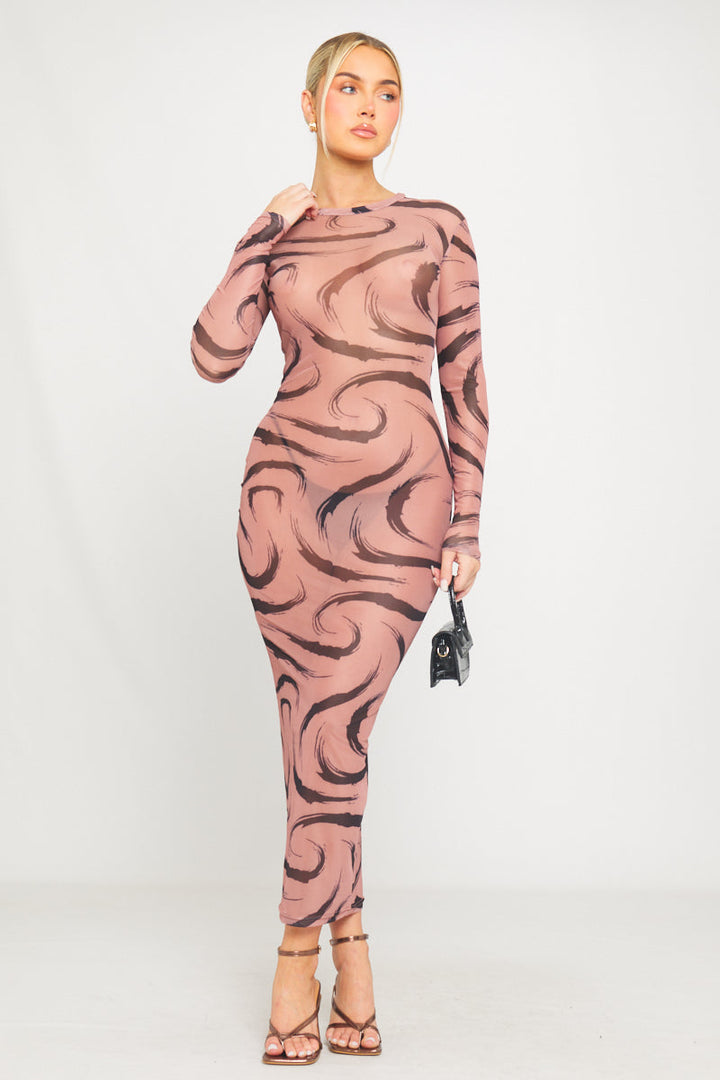 Mokkafarbenes, langärmliges Maxikleid mit transparentem Netzstoff und Aufdruck
