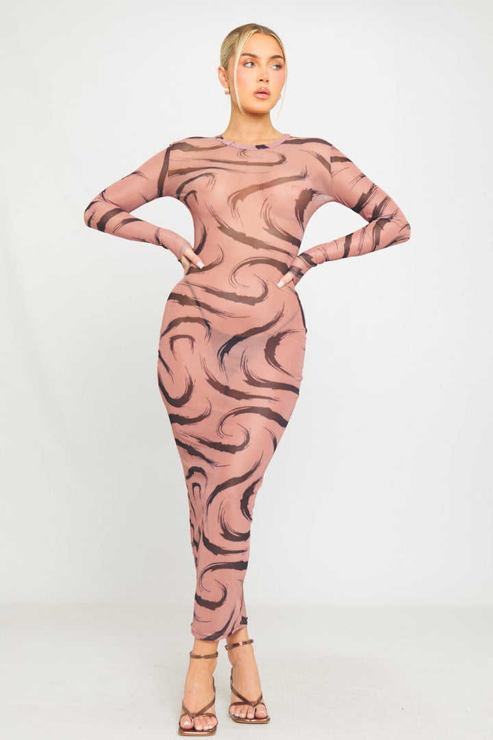 Mokkafarbenes, langärmliges Maxikleid mit transparentem Netzstoff und Aufdruck