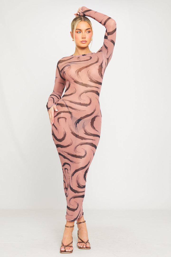 Mokkafarbenes, langärmliges Maxikleid mit transparentem Netzstoff und Aufdruck