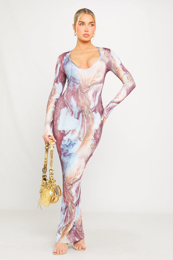 Mehrfarbig bedrucktes Maxikleid mit tiefem Ausschnitt und Bindeband hinten und langen Ärmeln