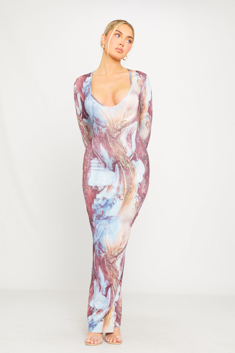 Mehrfarbig bedrucktes Maxikleid mit tiefem Ausschnitt und Bindeband hinten und langen Ärmeln