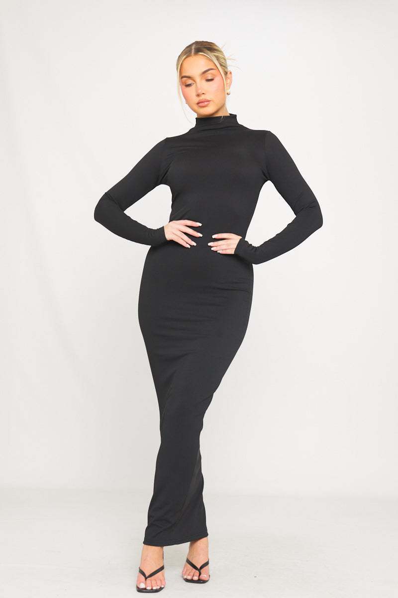 Schwarzes, geripptes Maxikleid mit Rollkragen und langen Ärmeln