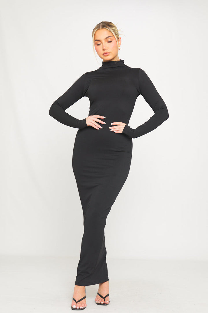 Schwarzes, geripptes Maxikleid mit Rollkragen und langen Ärmeln