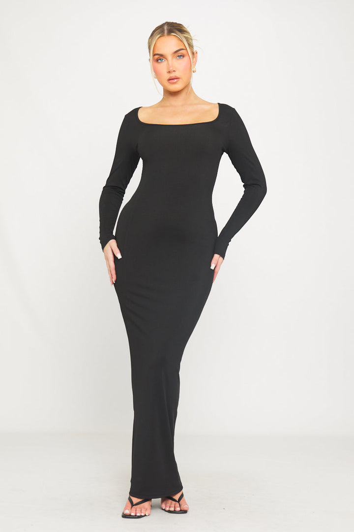 Schwarzes, geripptes Maxikleid mit U-Ausschnitt und langen Ärmeln