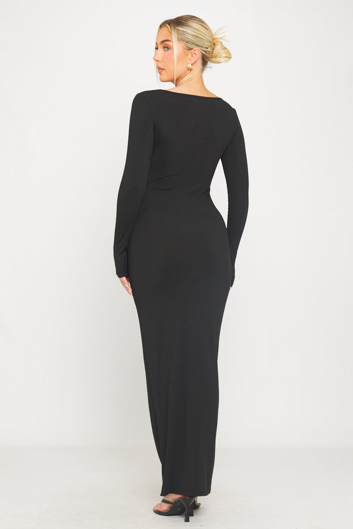 Schwarzes, geripptes Maxikleid mit U-Ausschnitt und langen Ärmeln