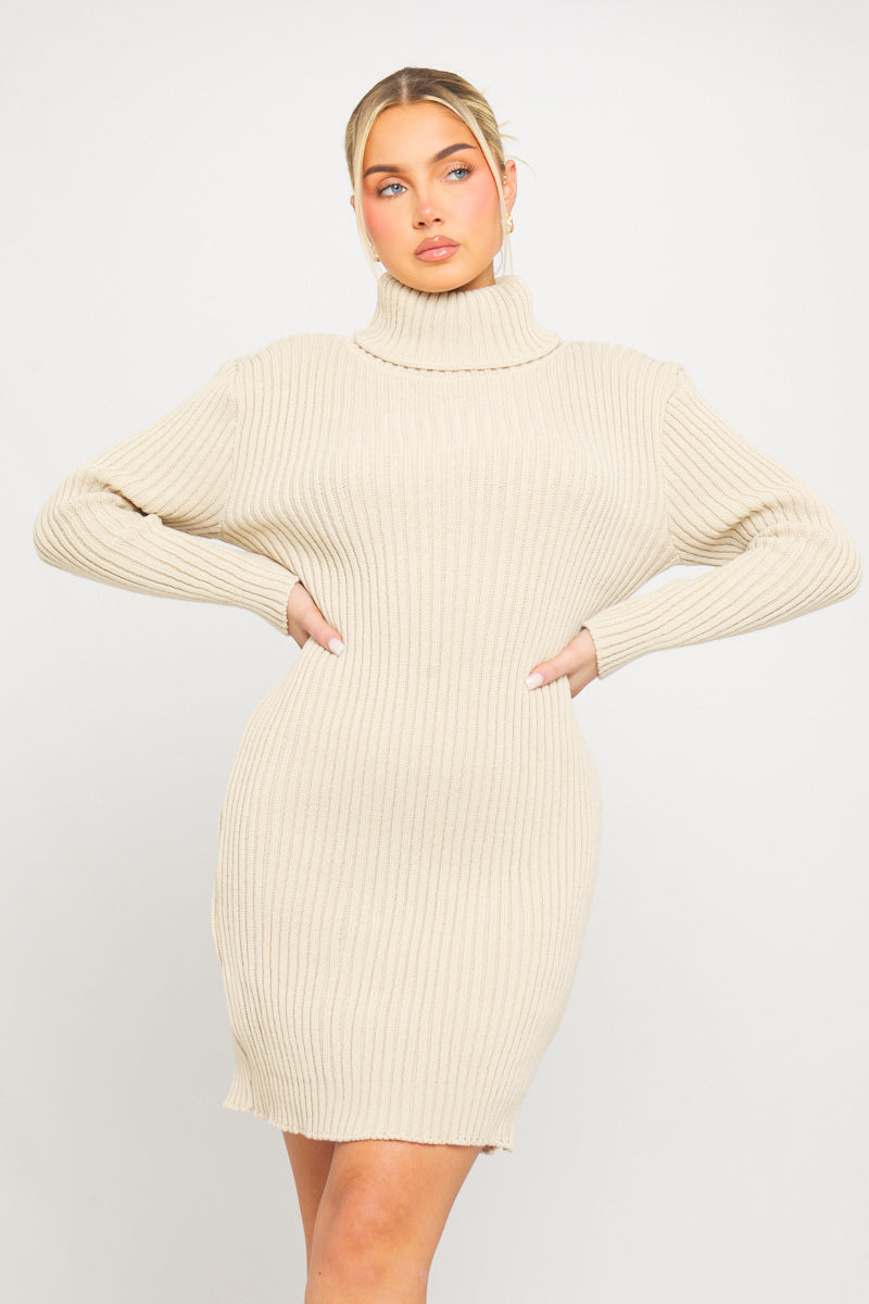 Steinfarben - Grobstrick-Pulloverkleid mit Rollkragen