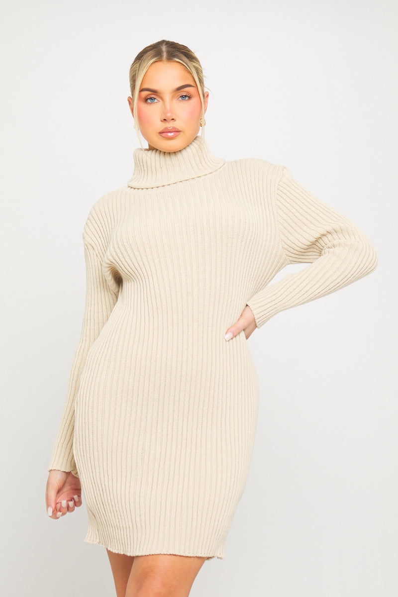 Steinfarben - Grobstrick-Pulloverkleid mit Rollkragen