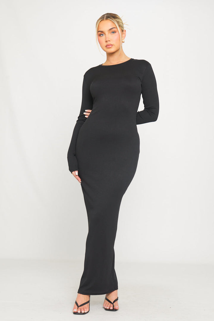 Schwarzes, geripptes Maxikleid mit Rundhalsausschnitt und langen Ärmeln
