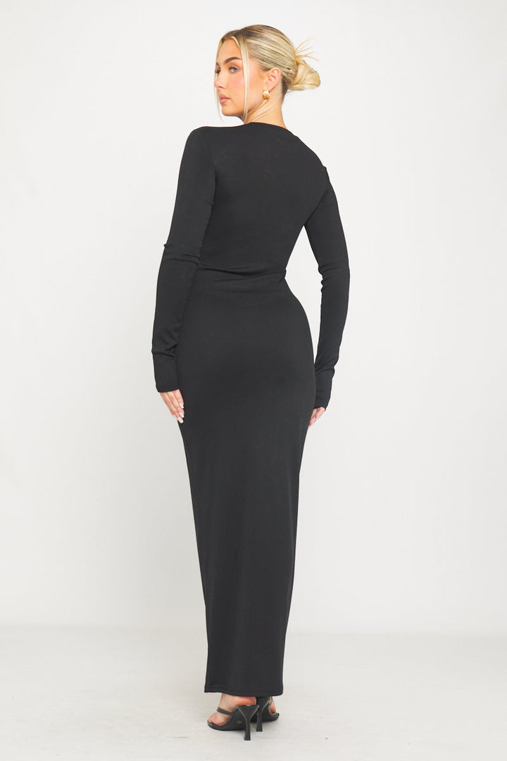 Schwarzes, geripptes Maxikleid mit Rundhalsausschnitt und langen Ärmeln