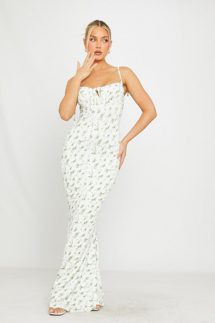 Grünes Maxikleid mit Blumenmuster und Schulterschnürung