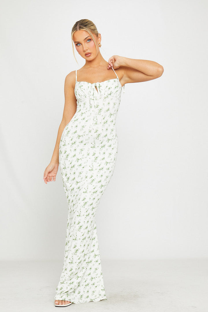 Grünes Maxikleid mit Blumenmuster und Schulterschnürung