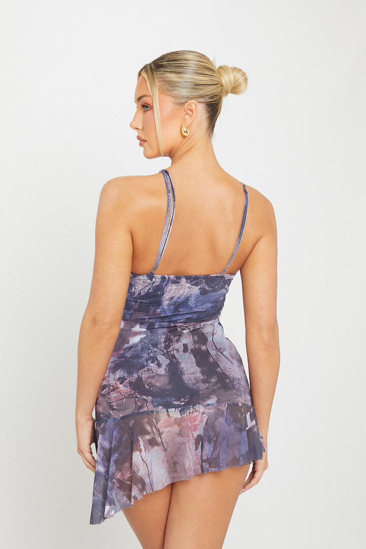 Minikleid aus Netzstoff mit Dusk-Print, Cut-Outs und Rüschendetail