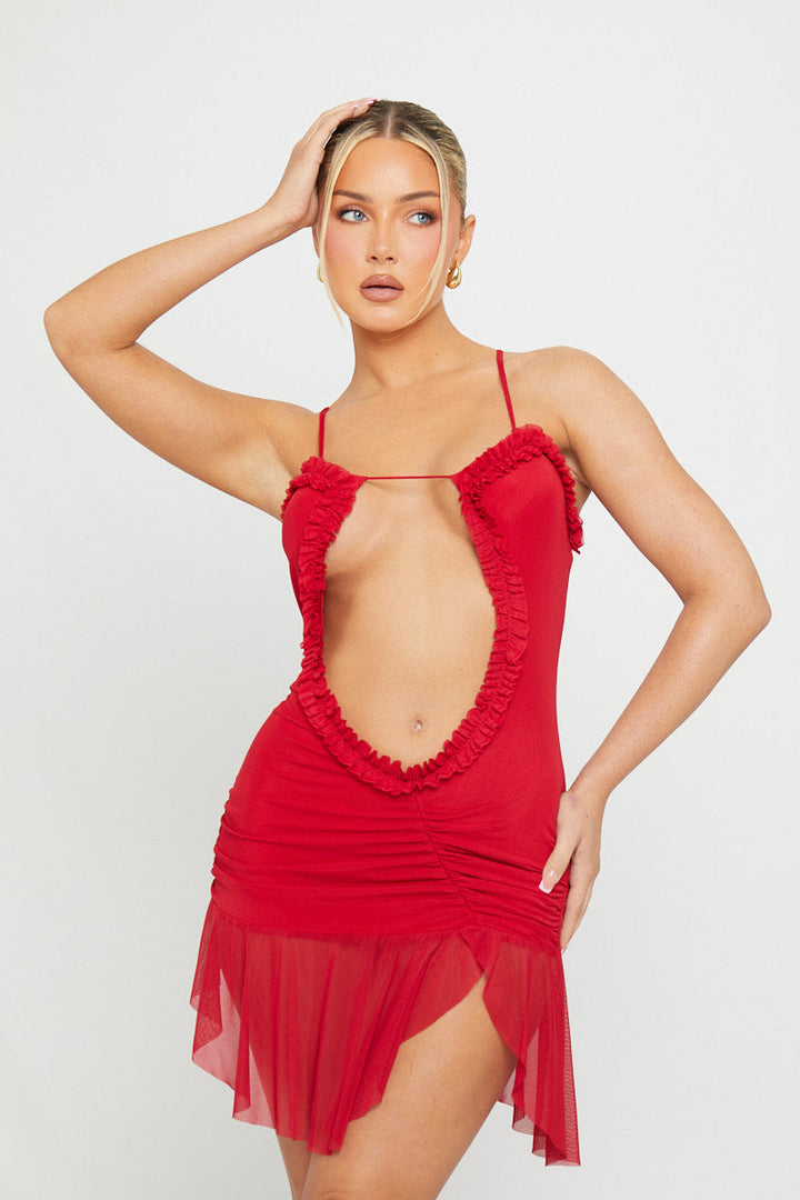 Rotes Minikleid aus Netzstoff mit Cut-Outs und Rüschendetail