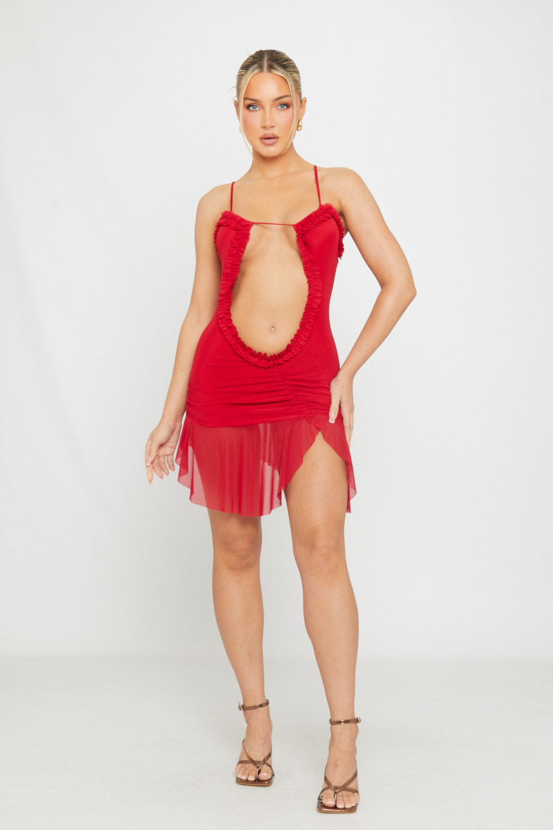 Rotes Minikleid aus Netzstoff mit Cut-Outs und Rüschendetail