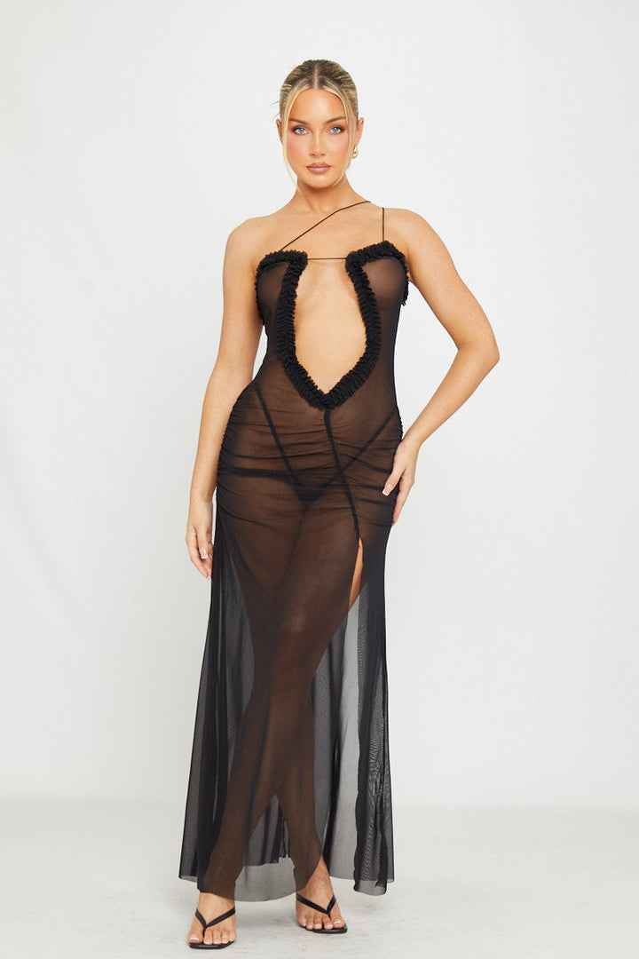 Schwarzes Maxikleid aus Netzstoff mit Cut-Outs und Rüschen