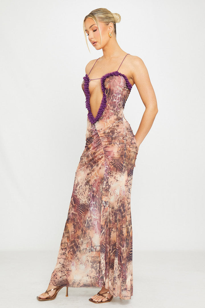 Maxikleid mit Leopardenmuster, Cut-Outs und Rüschen