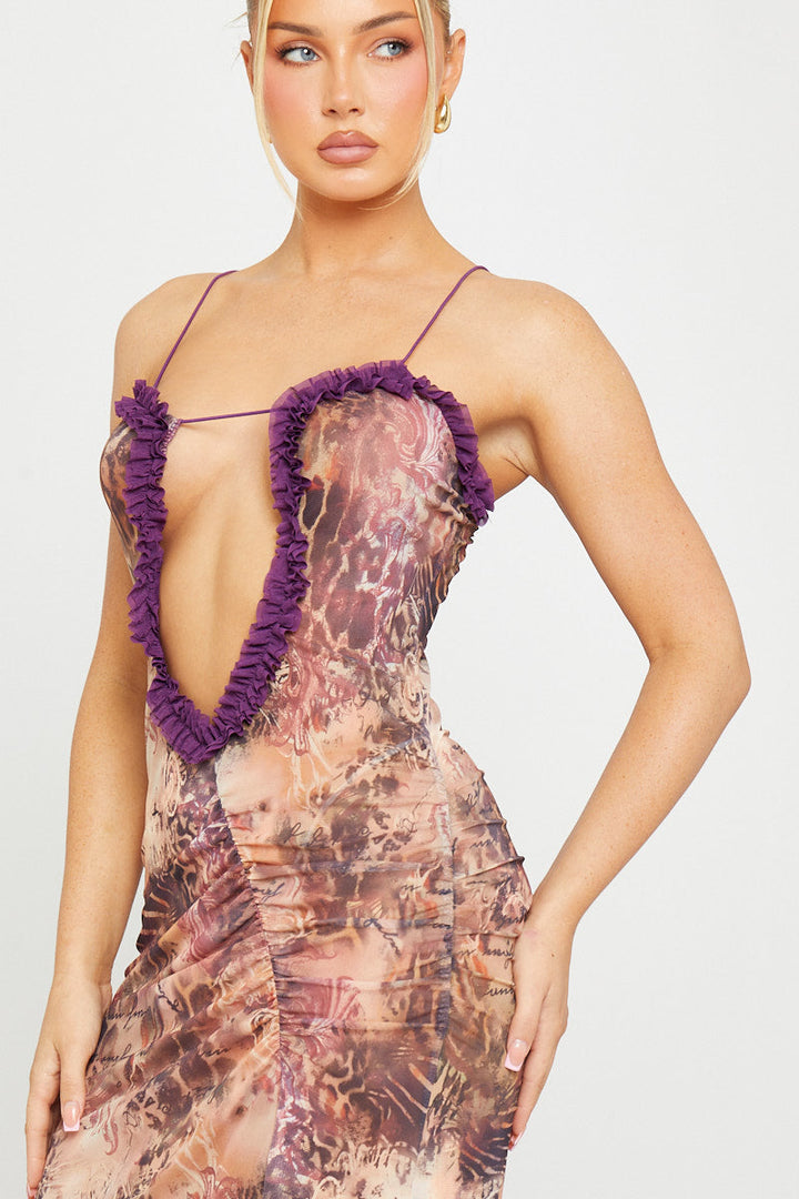 Maxikleid mit Leopardenmuster, Cut-Outs und Rüschen