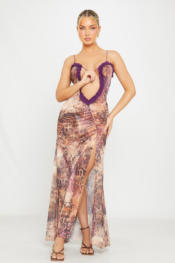 Maxikleid mit Leopardenmuster, Cut-Outs und Rüschen